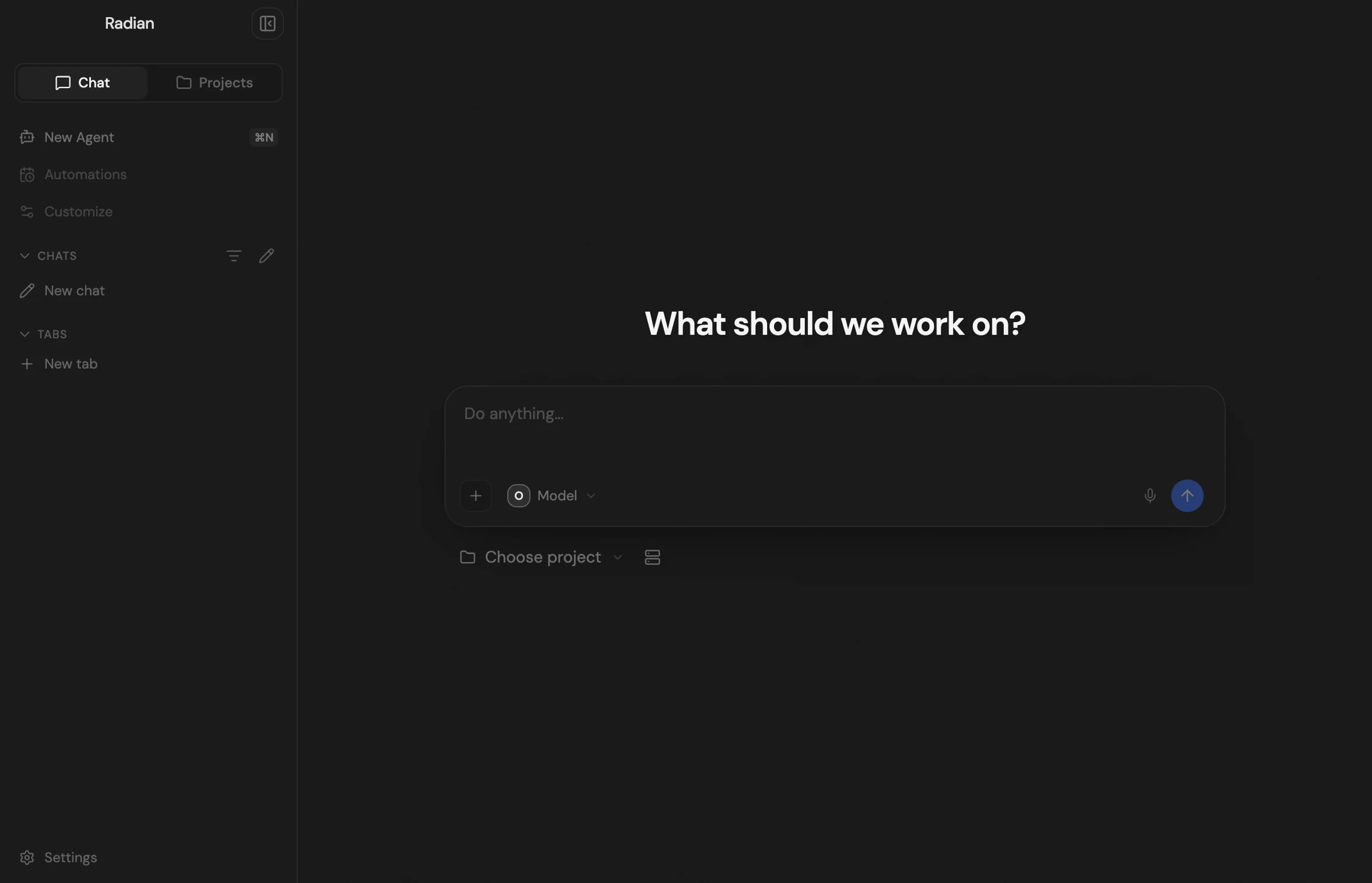 A second Radian window on the start screen: the composer asks what should we work on, with a model and project picker.
