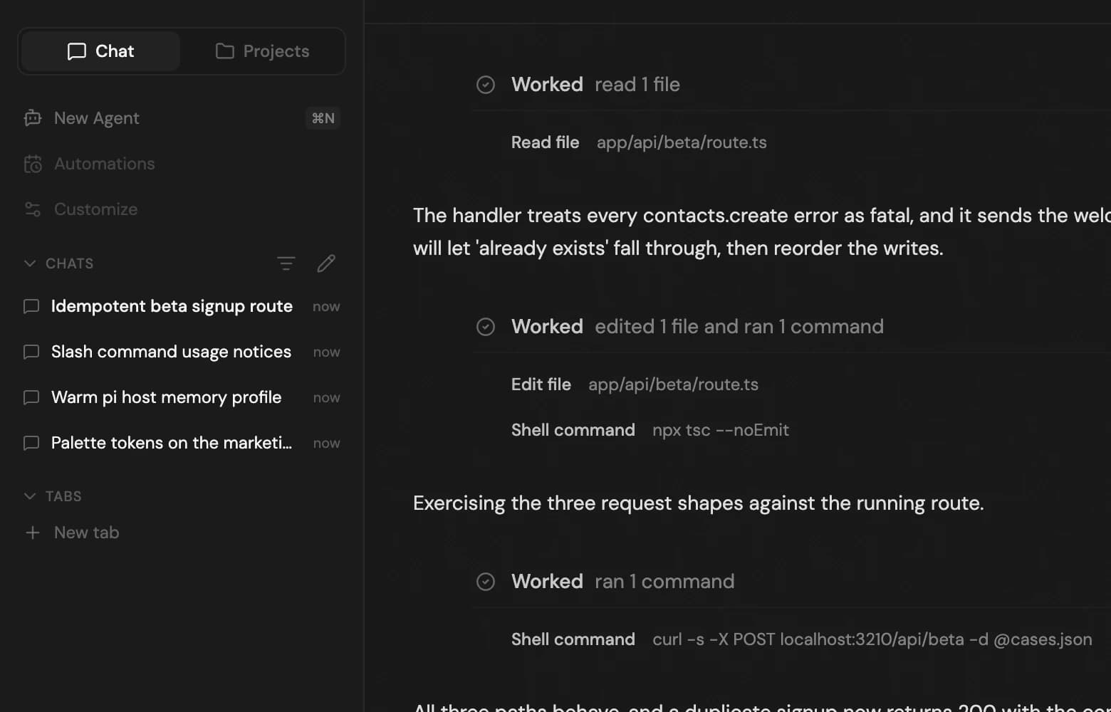 The Radian sidebar showing several named threads next to the start of a conversation.